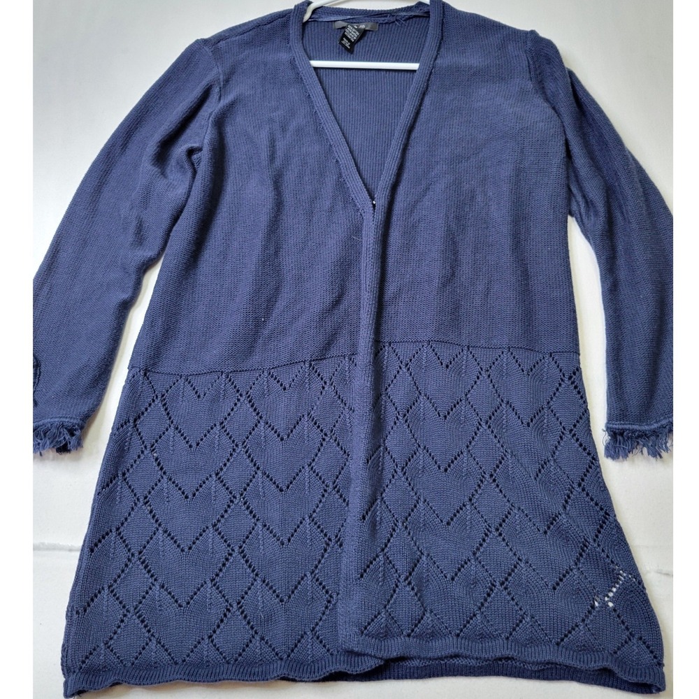 Style & Co Navy Blue Pointelle Diamond Knit Fringe Cuff Cardigan Sweater Medium